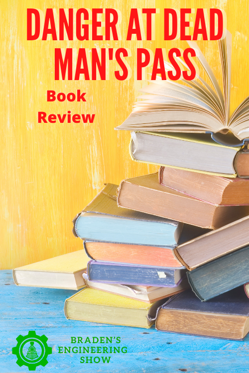 Danger at Dead Man's Pass Review Pin with stack of books. 